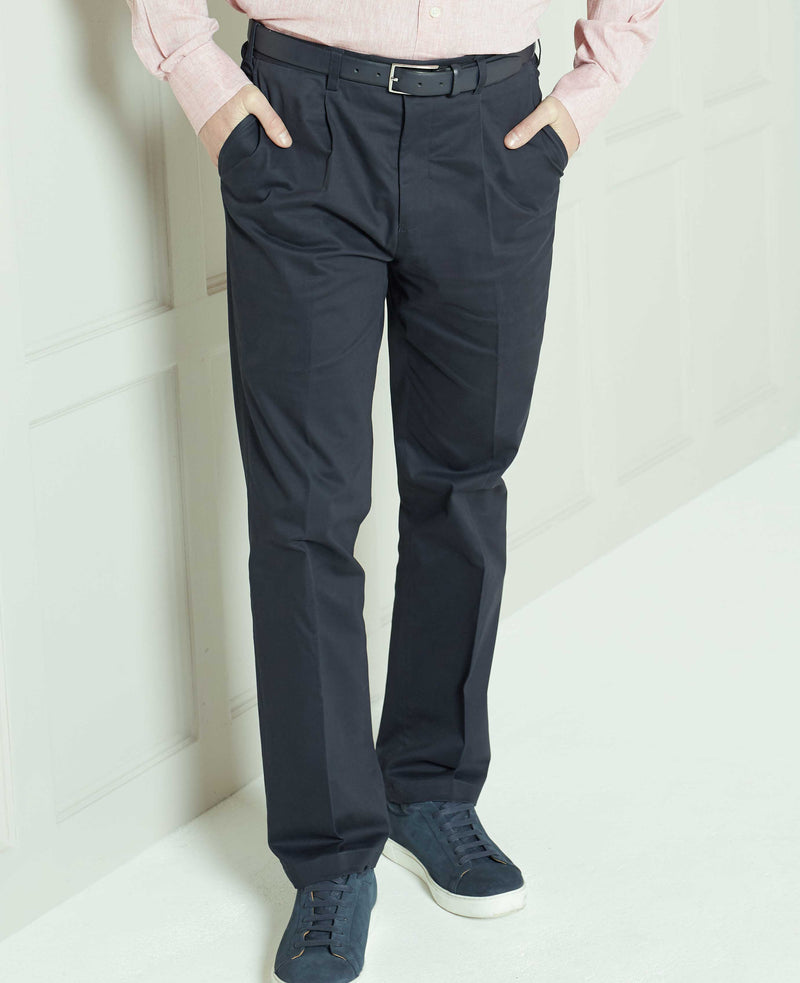 Smoked Navy Stretch Cotton Classic Fit Pleated Chinos