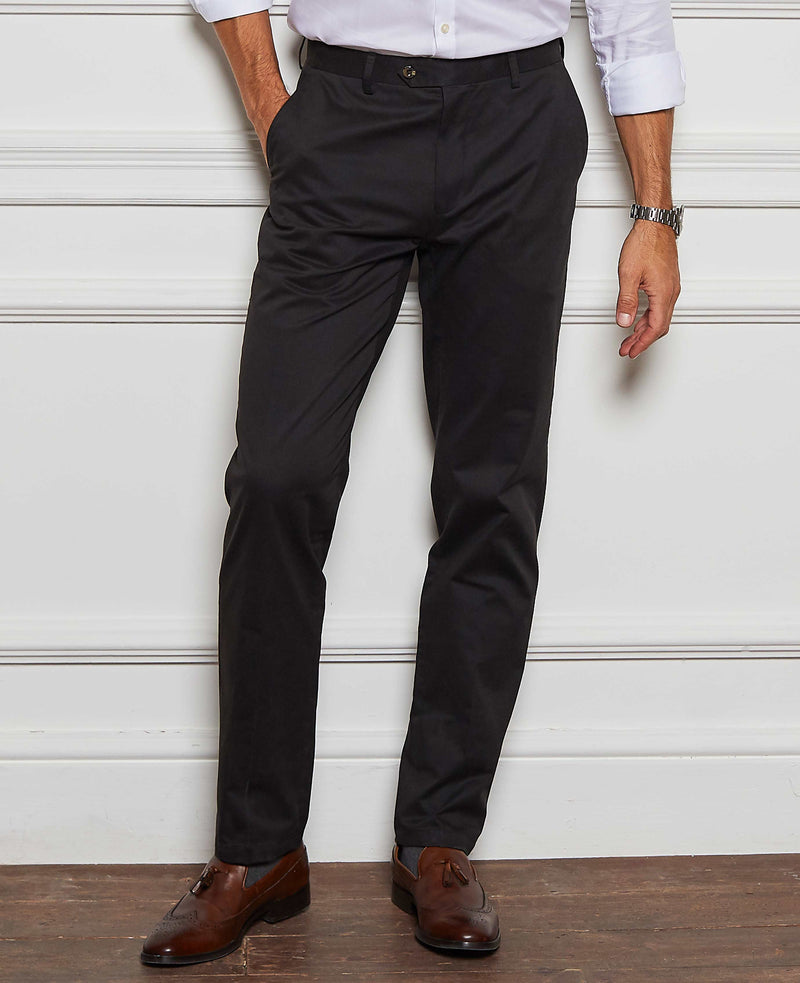 Black Stretch Cotton Classic Fit Flat Front Chinos