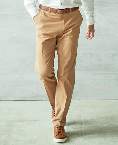 Men's Tan Stretch Cotton Classic Fit Flat Front Chinos