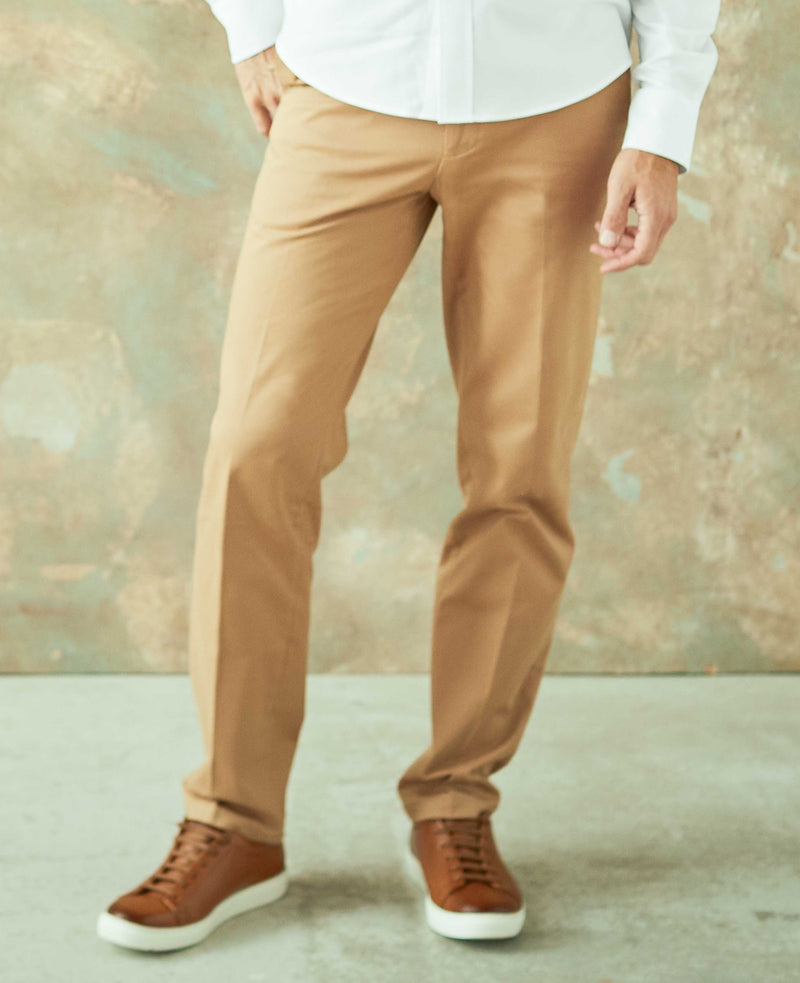 Tan Stretch Cotton Classic Fit Flat Front Chinos