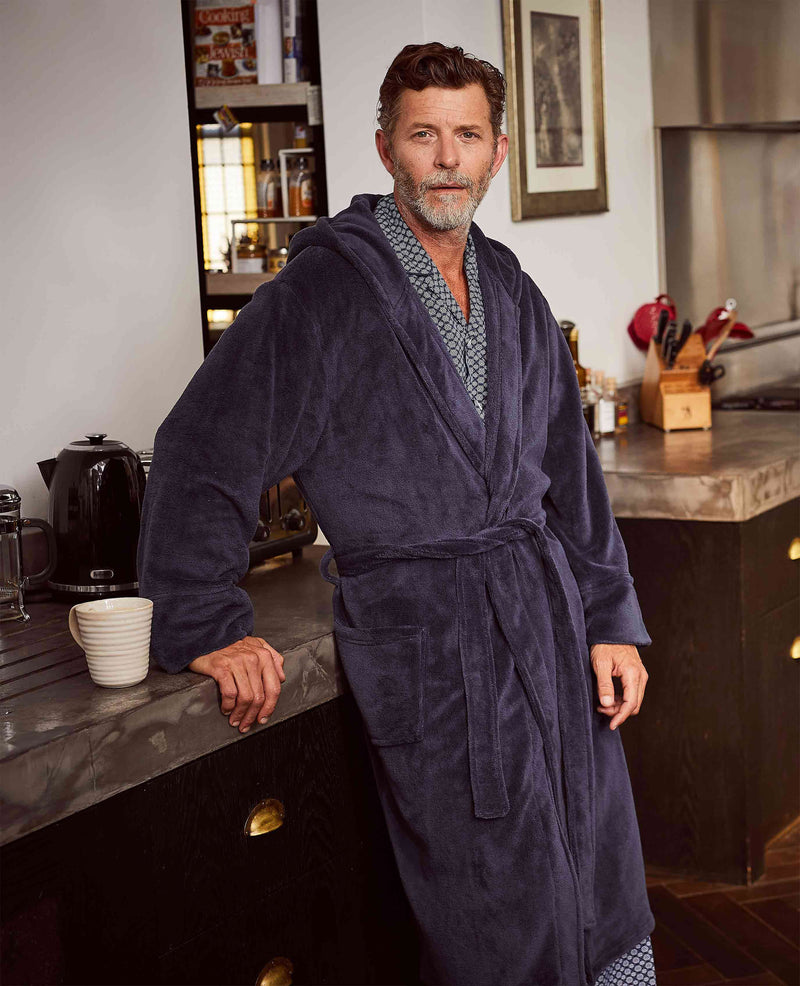 Men's Navy Super Soft Fleece Dressing Gown With Hood