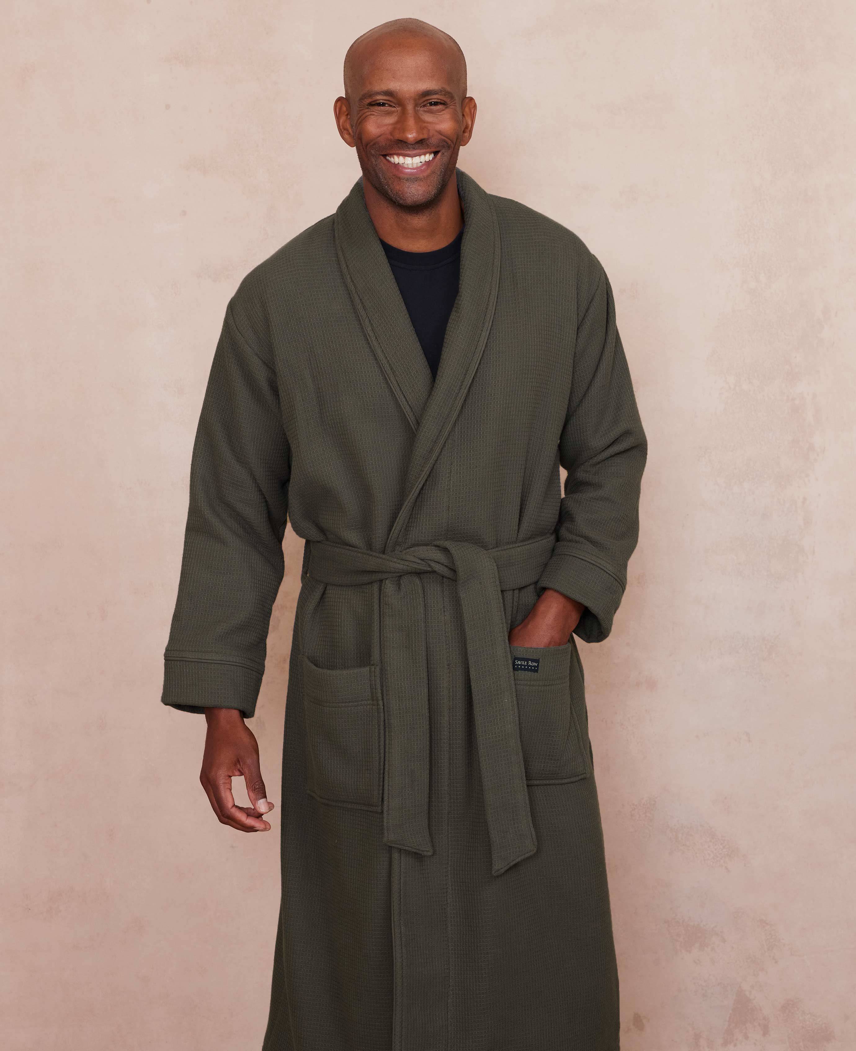 Men s Grey Cotton Waffle Dressing Gown With Fleece Lining Savile Row US