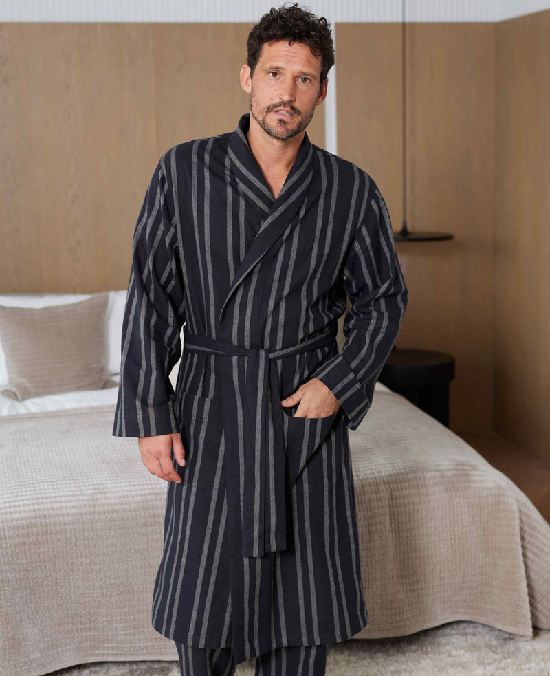 Navy Grey Striped Brushed Cotton Dressing Gown