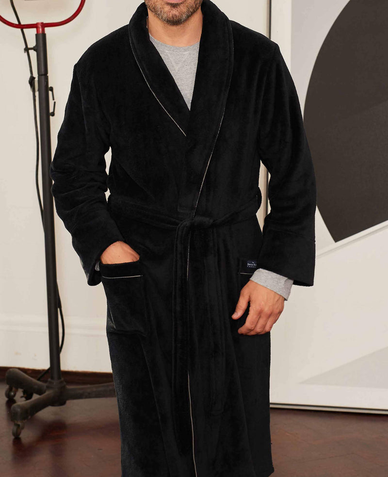 Black Fleece Supersoft Dressing Gown with Grey Piping