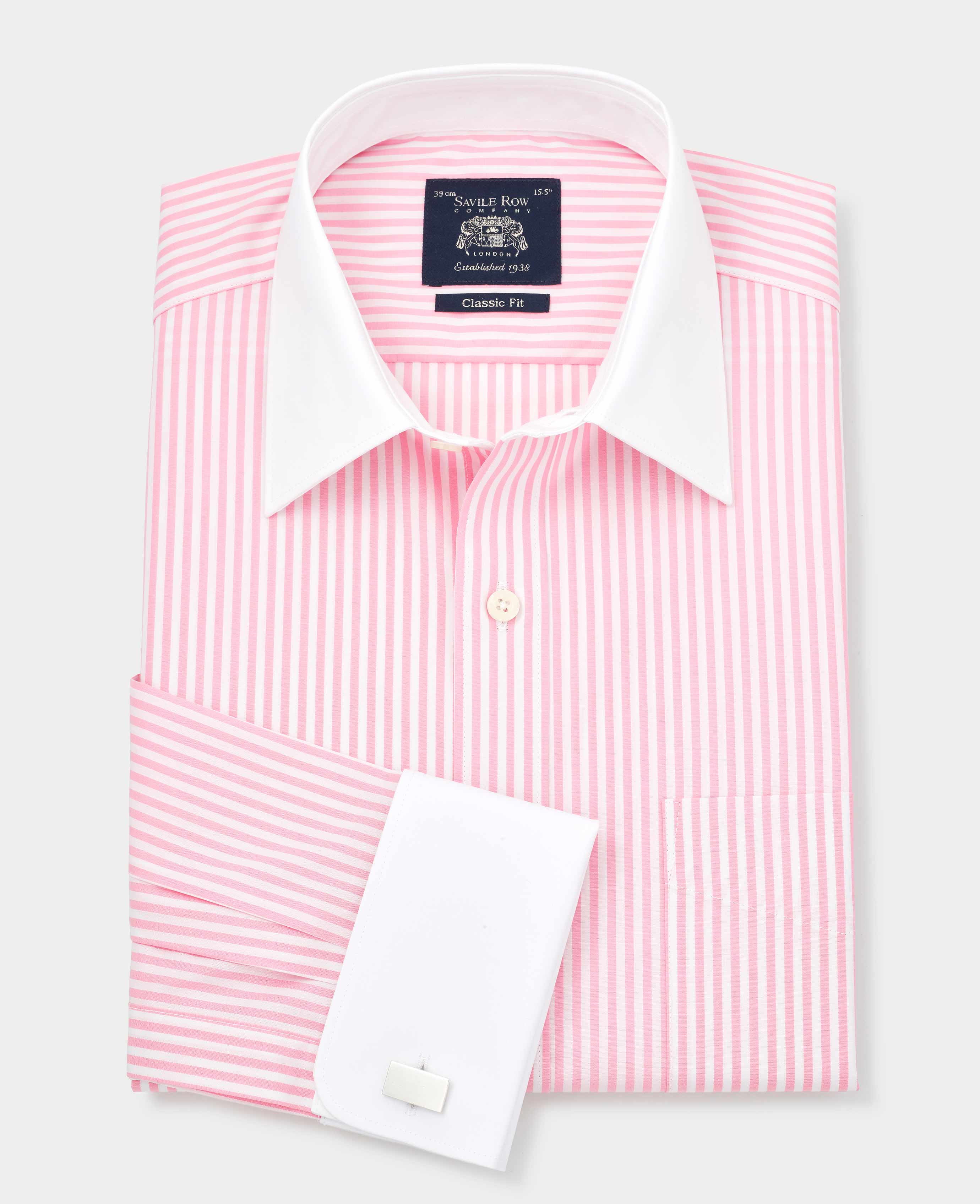 Men s Pink Stripe Contrast Collar Dress Shirt With French Cuffs Savile Row US