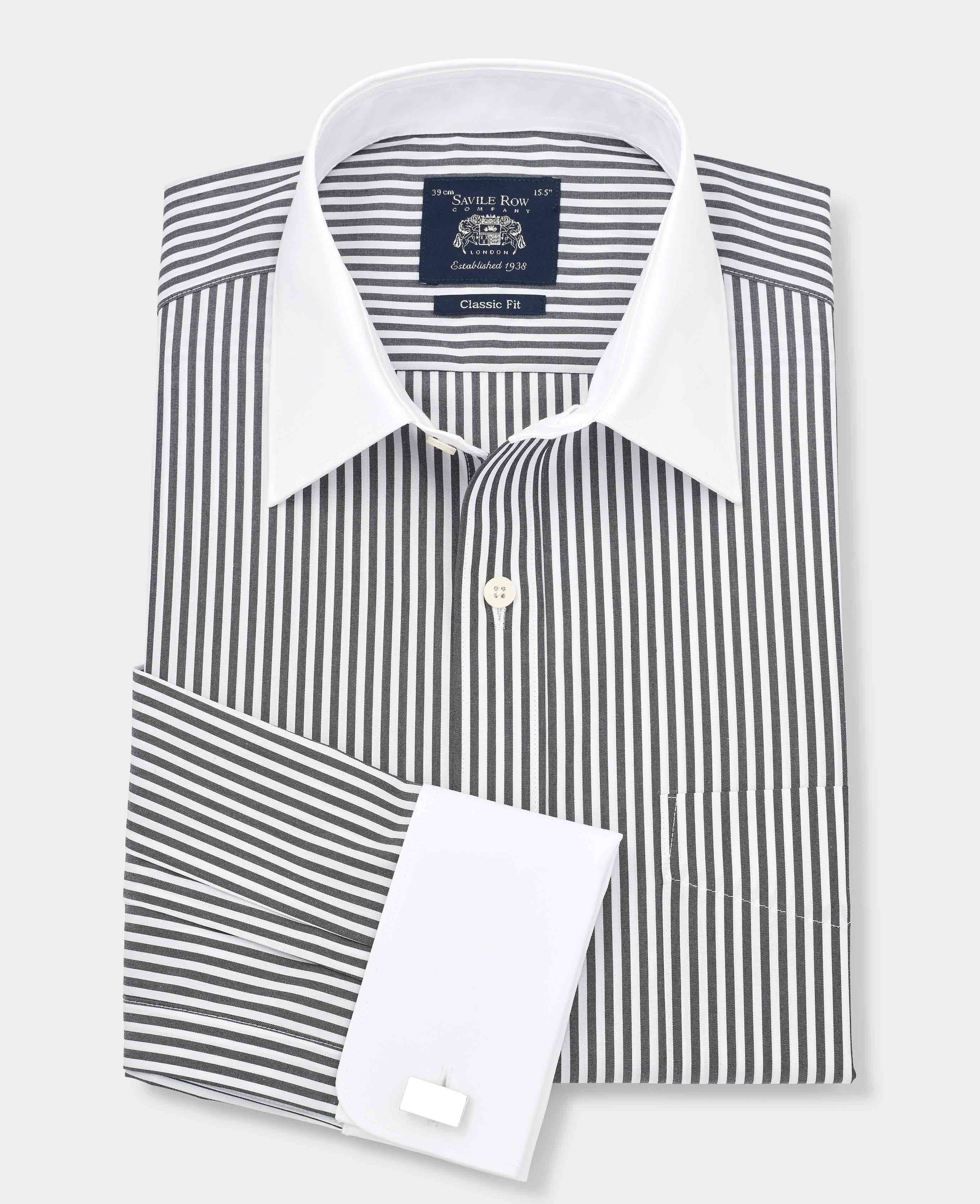 Men s Black Stripe Contrast Collar Classic Fit Dress Shirt With French Cuffs Savile Row US