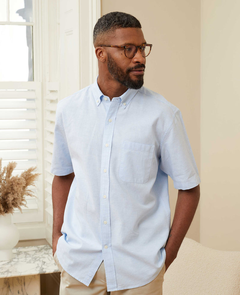 Men's Light Blue Linen Cotton Short Sleeve Casual Shirt