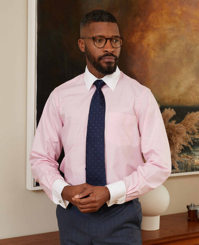 Pink Prince of Wales Check Classic Fit Contrast Collar Formal Shirt With White Collar & Cuffs