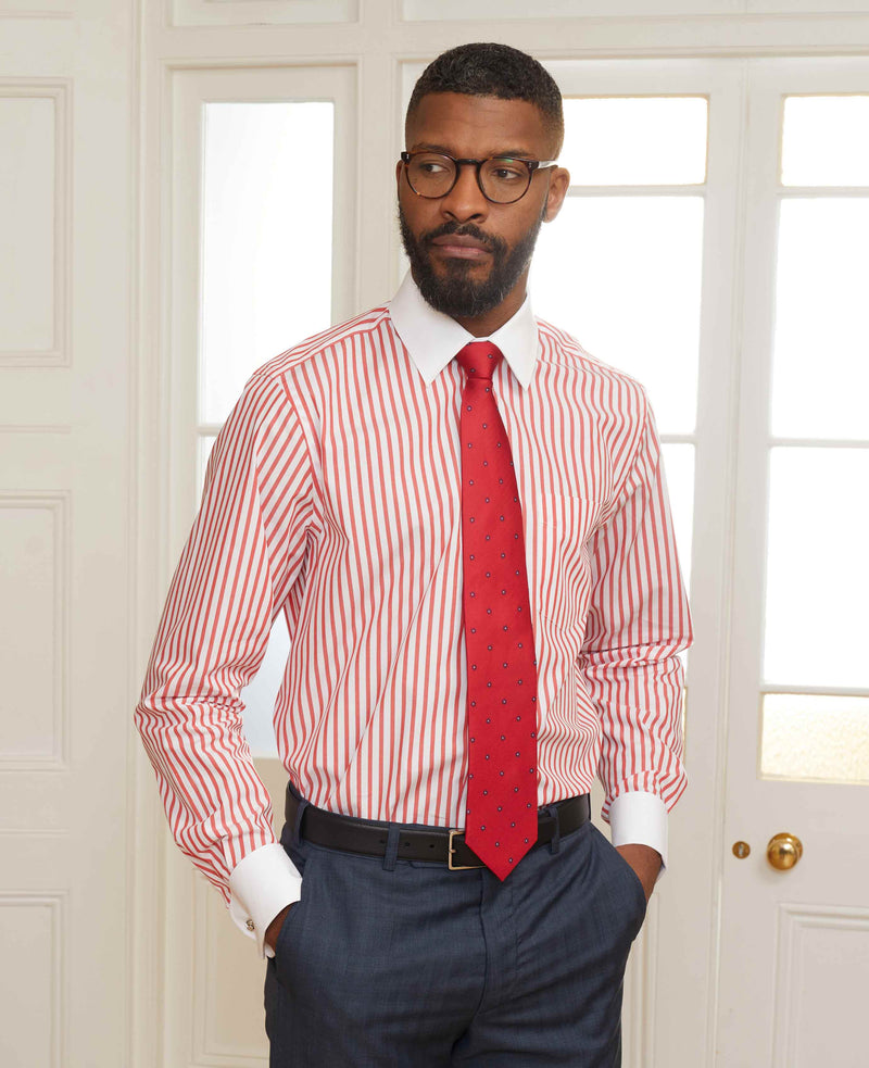 Red Stripe Classic Fit Contrast Collar Formal Shirt With White Collar & Cuffs