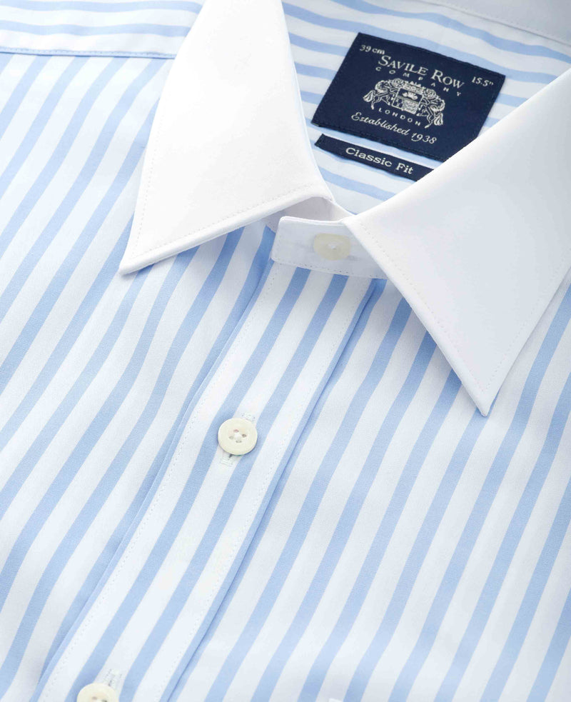 Sky Blue Stripe Classic Fit Contrast Collar Formal Shirt With White Collar & Cuffs