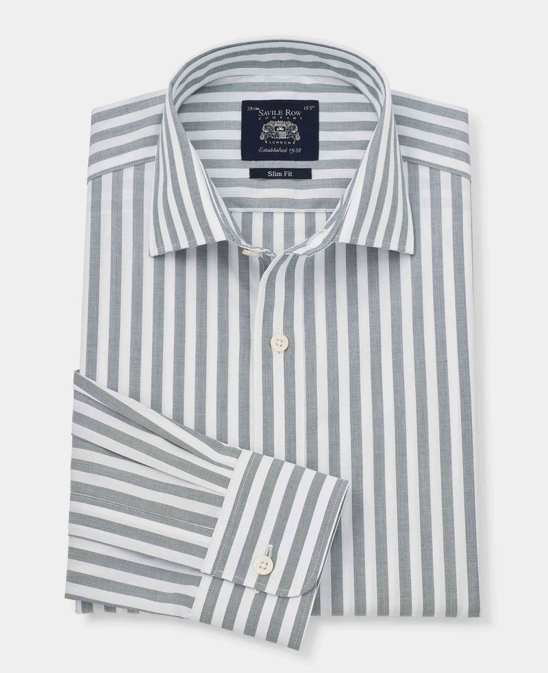 Green Slim Fit Striped Formal Shirt - Single Cuff