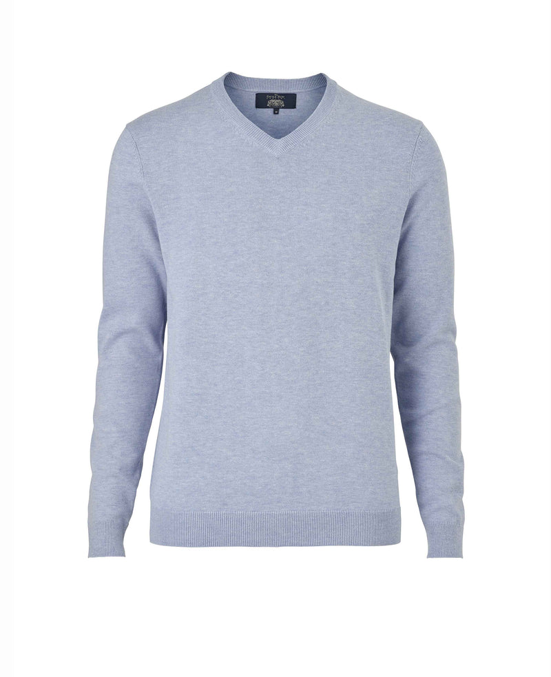 Light Blue Cotton-Blend V-Neck Jumper