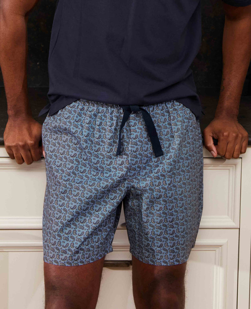 Blue Paisley Print Cotton Lounge Shorts