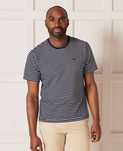 Men's Navy White Striped Cotton Jersey Crew Neck T-Shirt