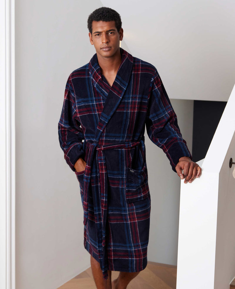 Navy Burgundy Check Fleece Dressing Gown