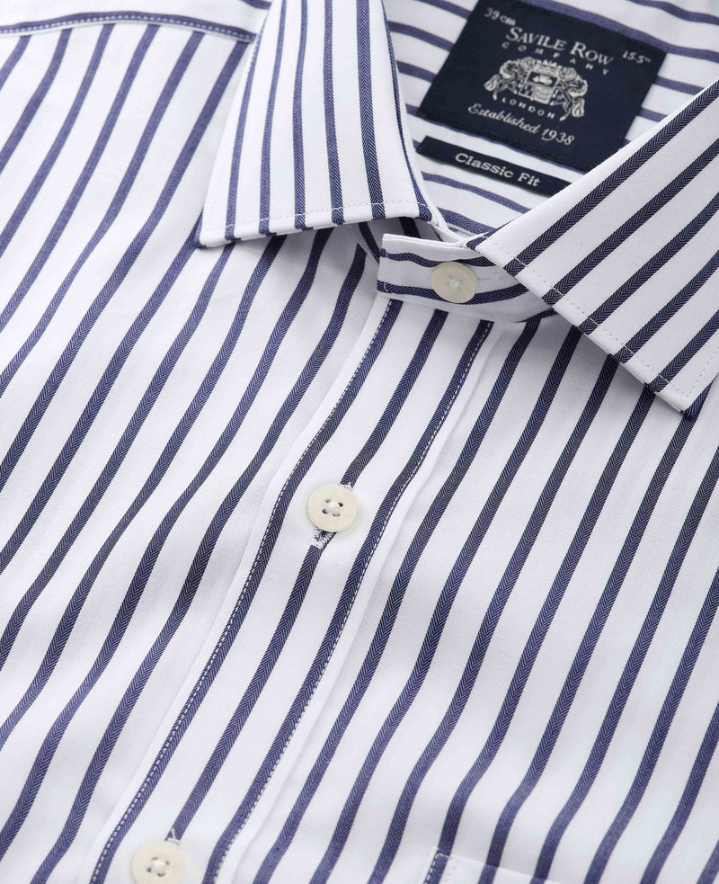 Navy Cotton Classic Fit Striped Dress Shirt - French Cuff