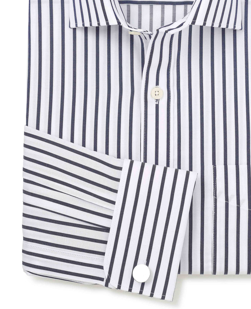 Navy Cotton Classic Fit Striped Dress Shirt - French Cuff