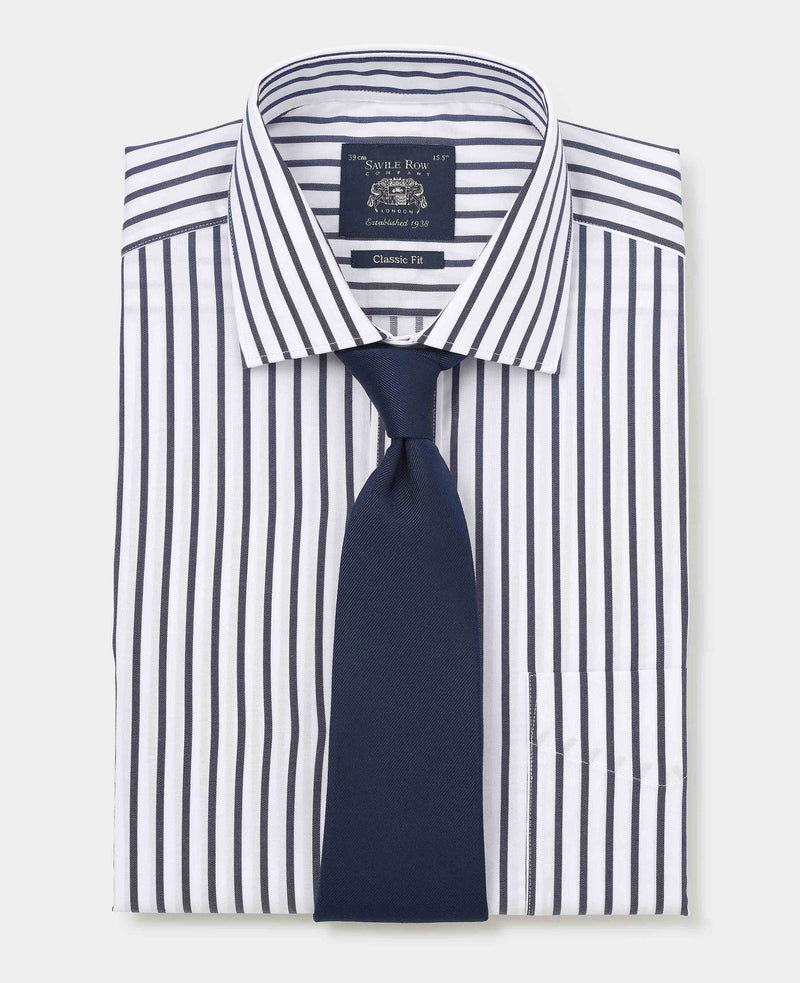 Navy Cotton Classic Fit Striped Dress Shirt - French Cuff