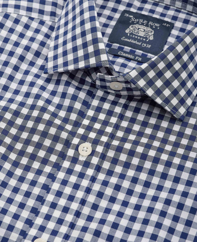 Navy Cotton Gingham Check Classic Fit Dress Shirt - Single Cuff