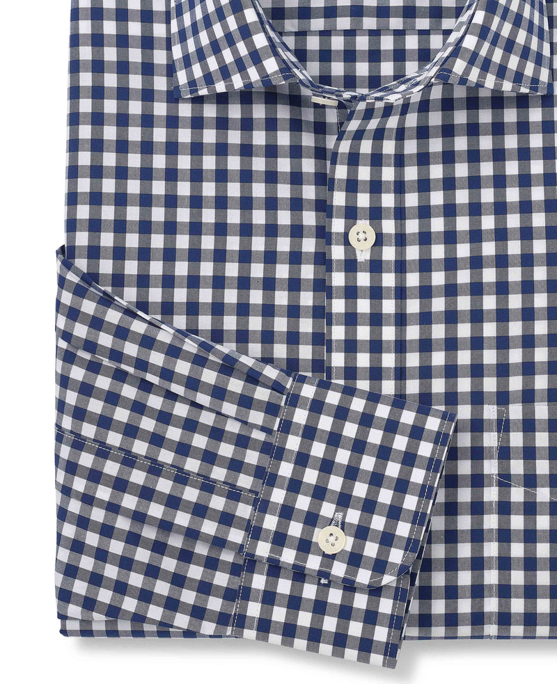 Navy Cotton Gingham Check Classic Fit Dress Shirt - Single Cuff