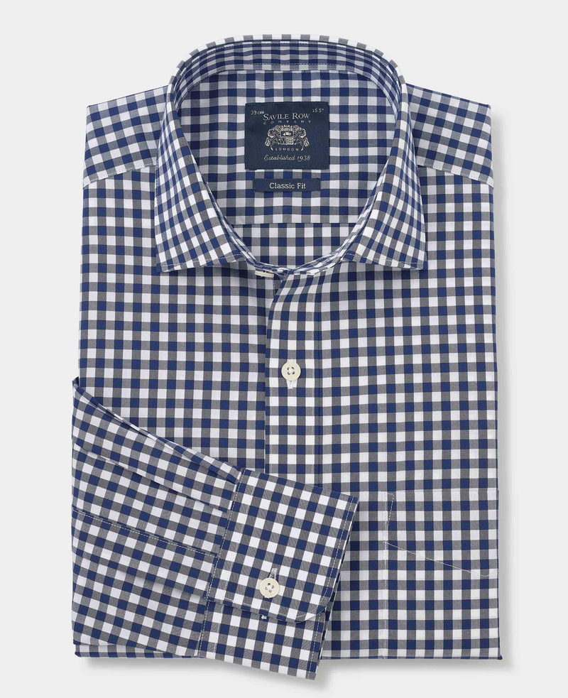 Navy Cotton Gingham Check Classic Fit Dress Shirt - Single Cuff