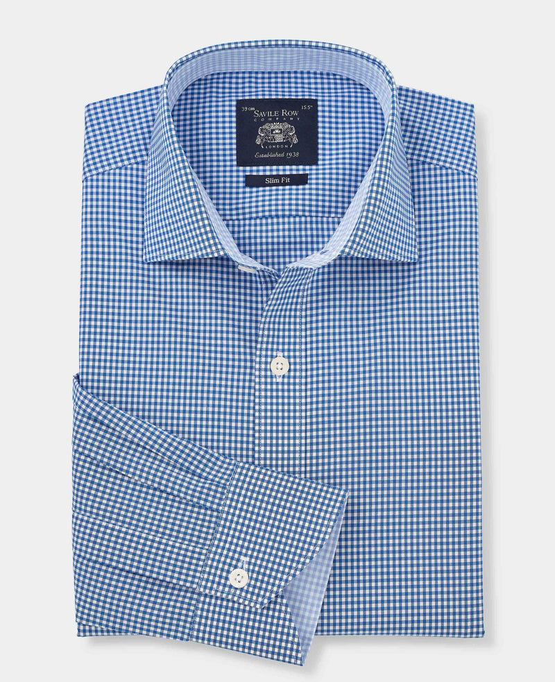 Navy Cotton Gingham Slim Fit Dress Shirt - Single Cuff