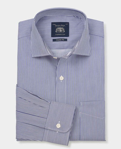 Navy Cotton Twill Classic Fit Striped Dress Shirt - Single Cuff