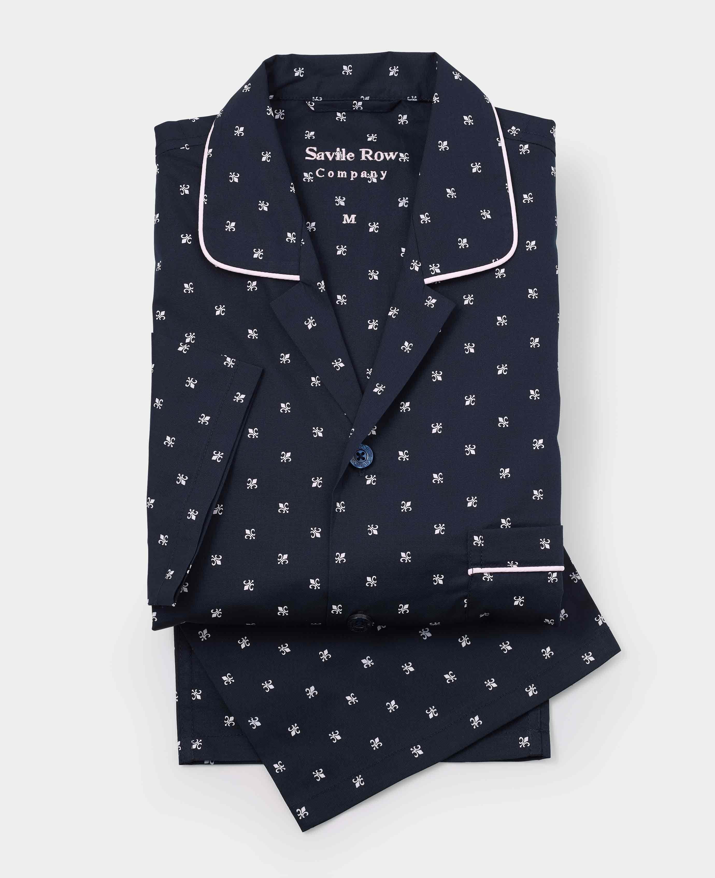 Men s Navy Fleur de Lys Piped Cotton Pyjamas Savile Row US