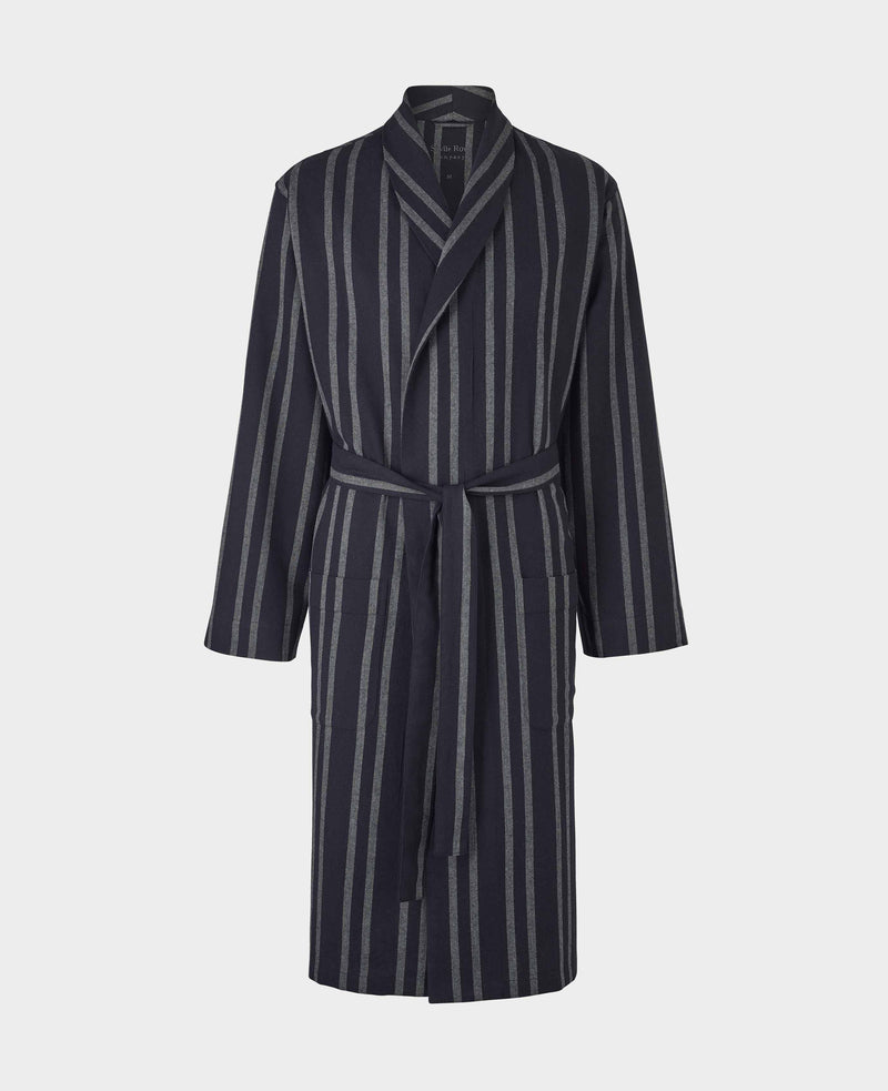 Navy Grey Striped Brushed Cotton Dressing Gown