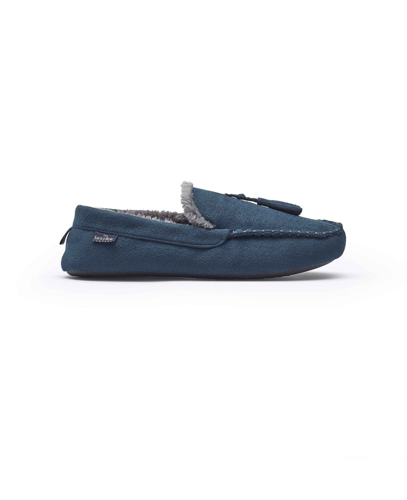 Navy Microsuede Moccasin Slippers