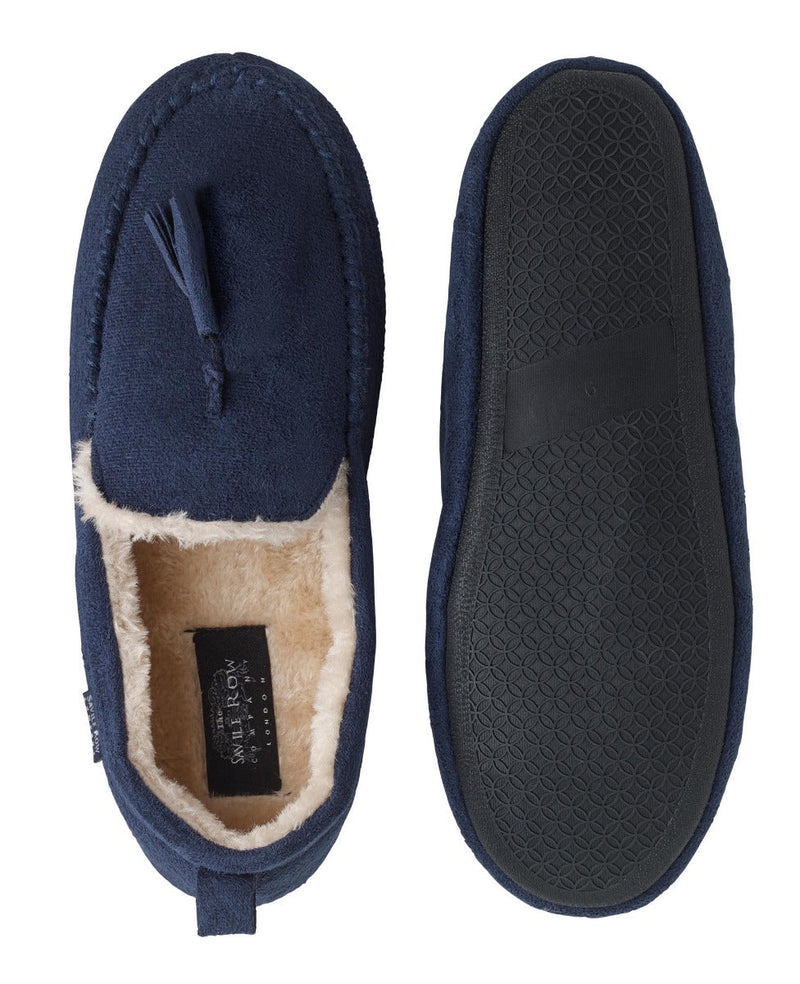 Navy Microsuede Moccasin Slippers