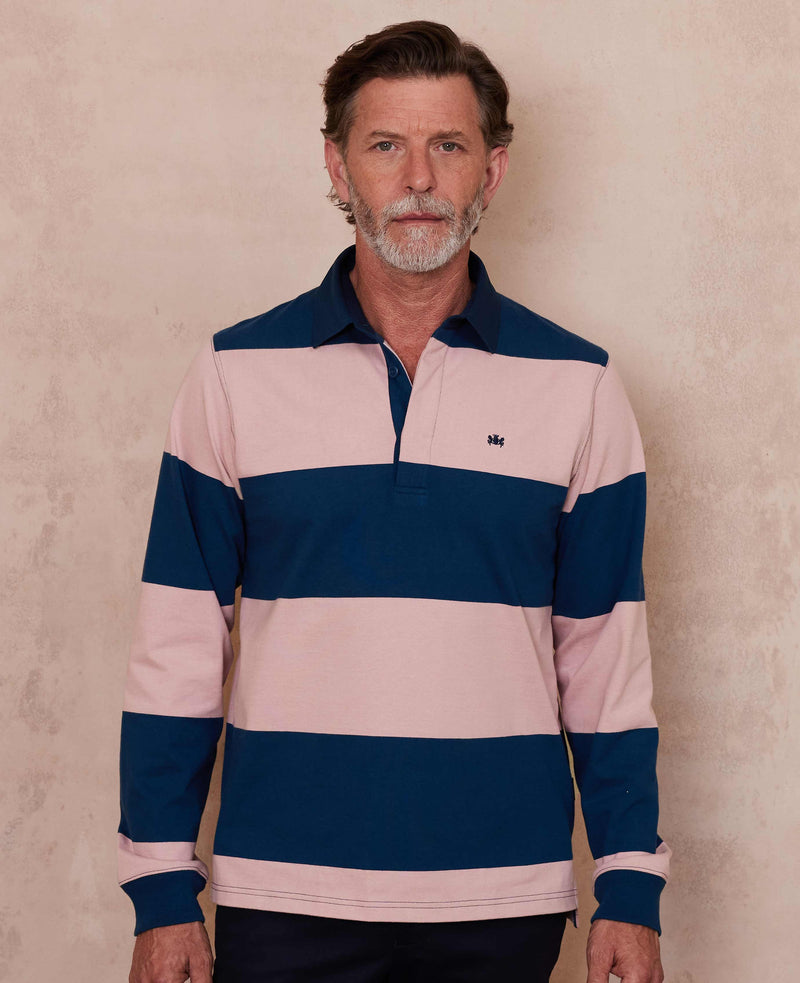 Navy Pink Stripe Heavyweight Cotton Jersey Rugby Shirt