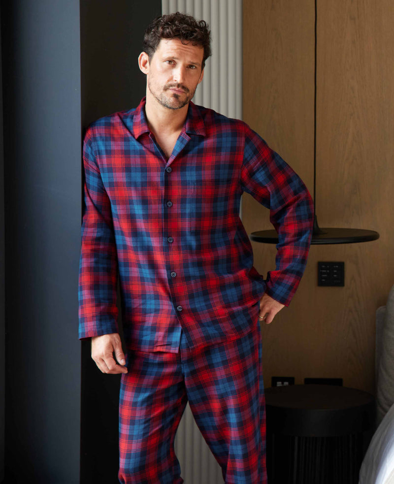 Navy Red Check Brushed Cotton Pyjamas