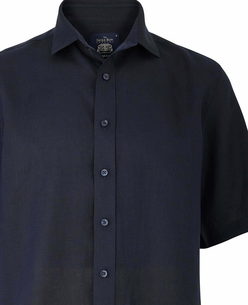 Navy Short Sleeve Pure Linen Slim Fit Shirt in Shorter Length - Chest Detail - 1397NAVMSS