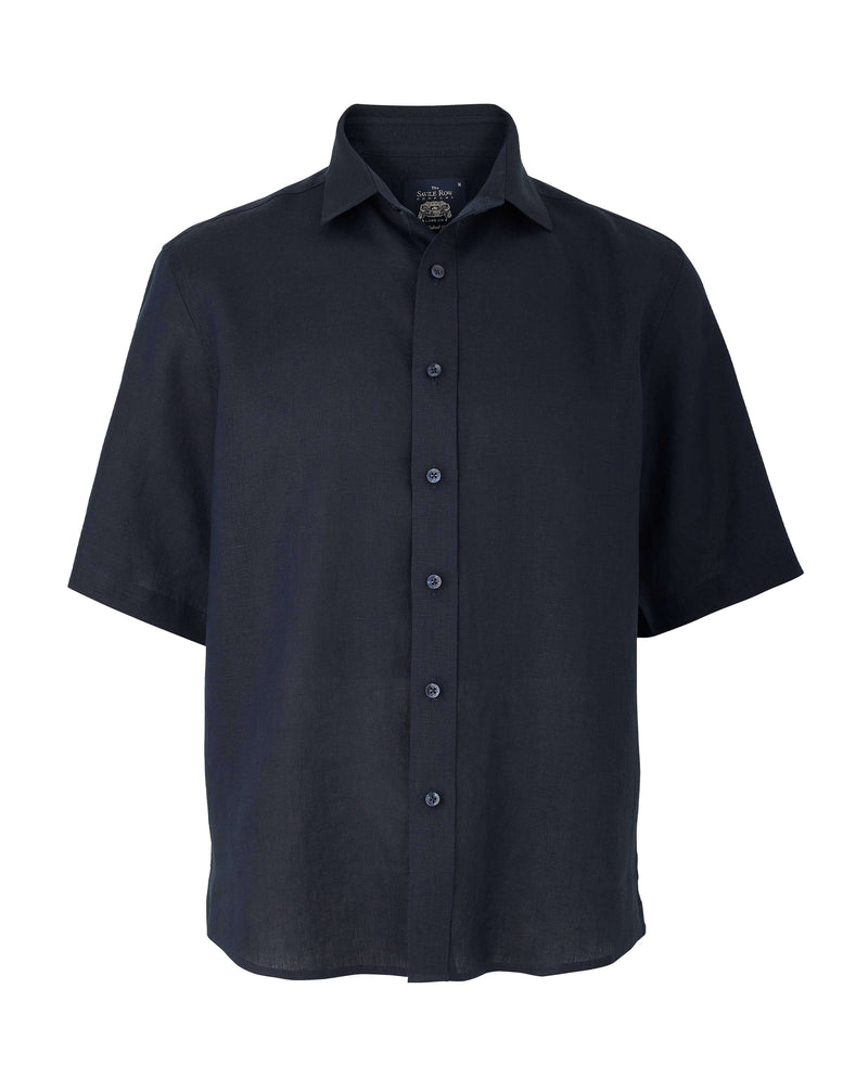 Navy Short Sleeve Pure Linen Slim Fit Shirt in Shorter Length - On Mannequin - 1397NAVMSS