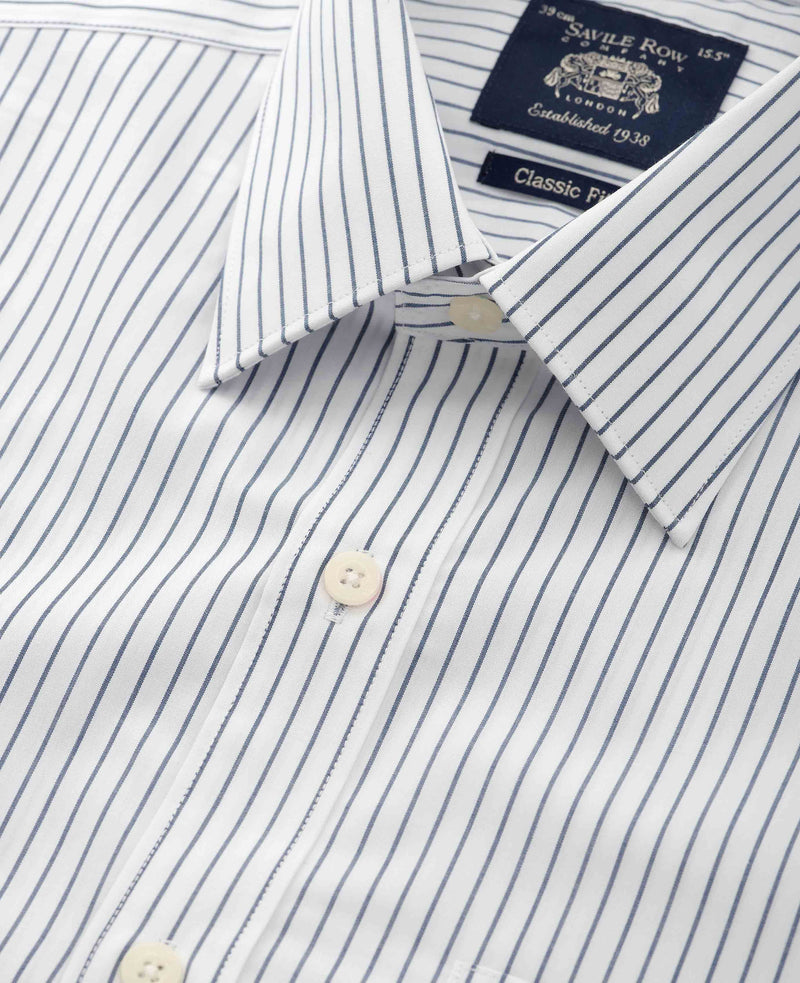 Navy White Stripe Cotton Classic Fit Dress Shirt - French Cuff