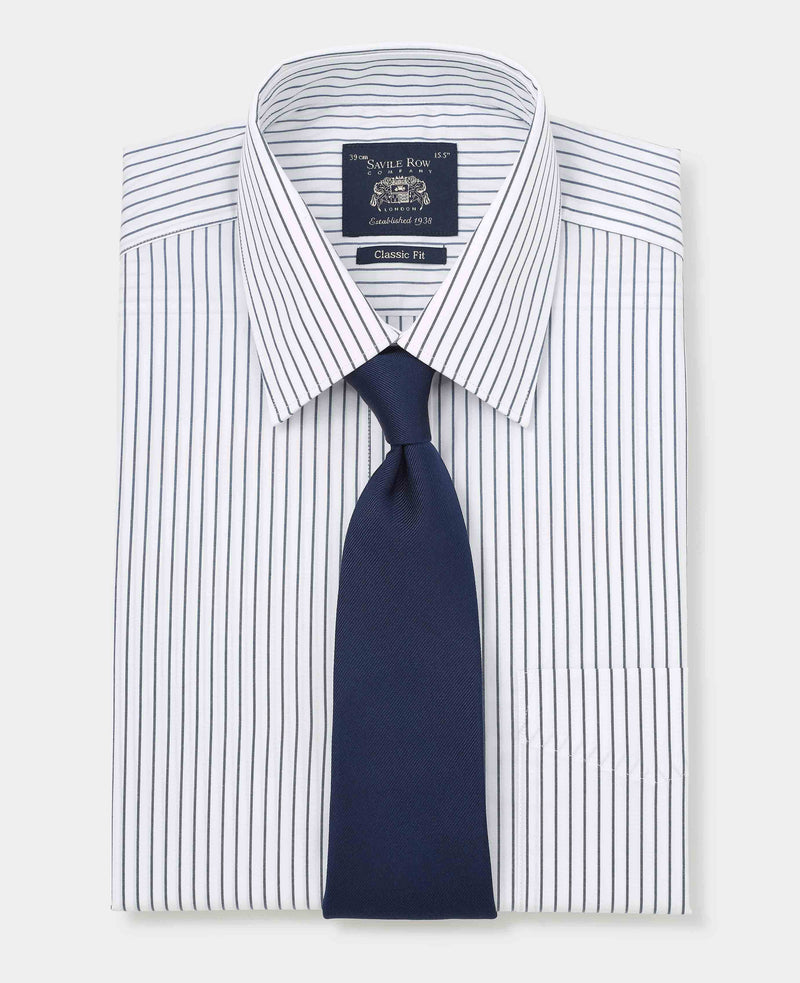 Navy White Stripe Cotton Classic Fit Dress Shirt - French Cuff