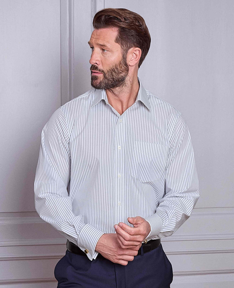 Navy White Stripe Cotton Classic Fit Dress Shirt - French Cuff