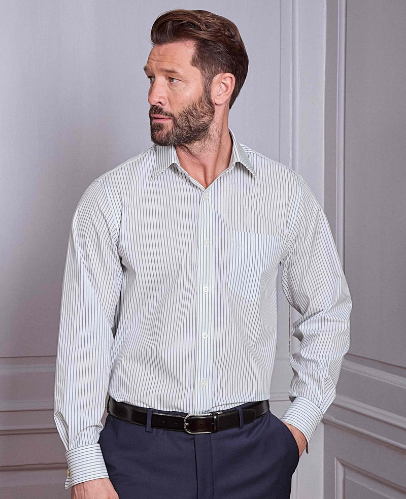 Navy White Stripe Cotton Classic Fit Dress Shirt - French Cuff