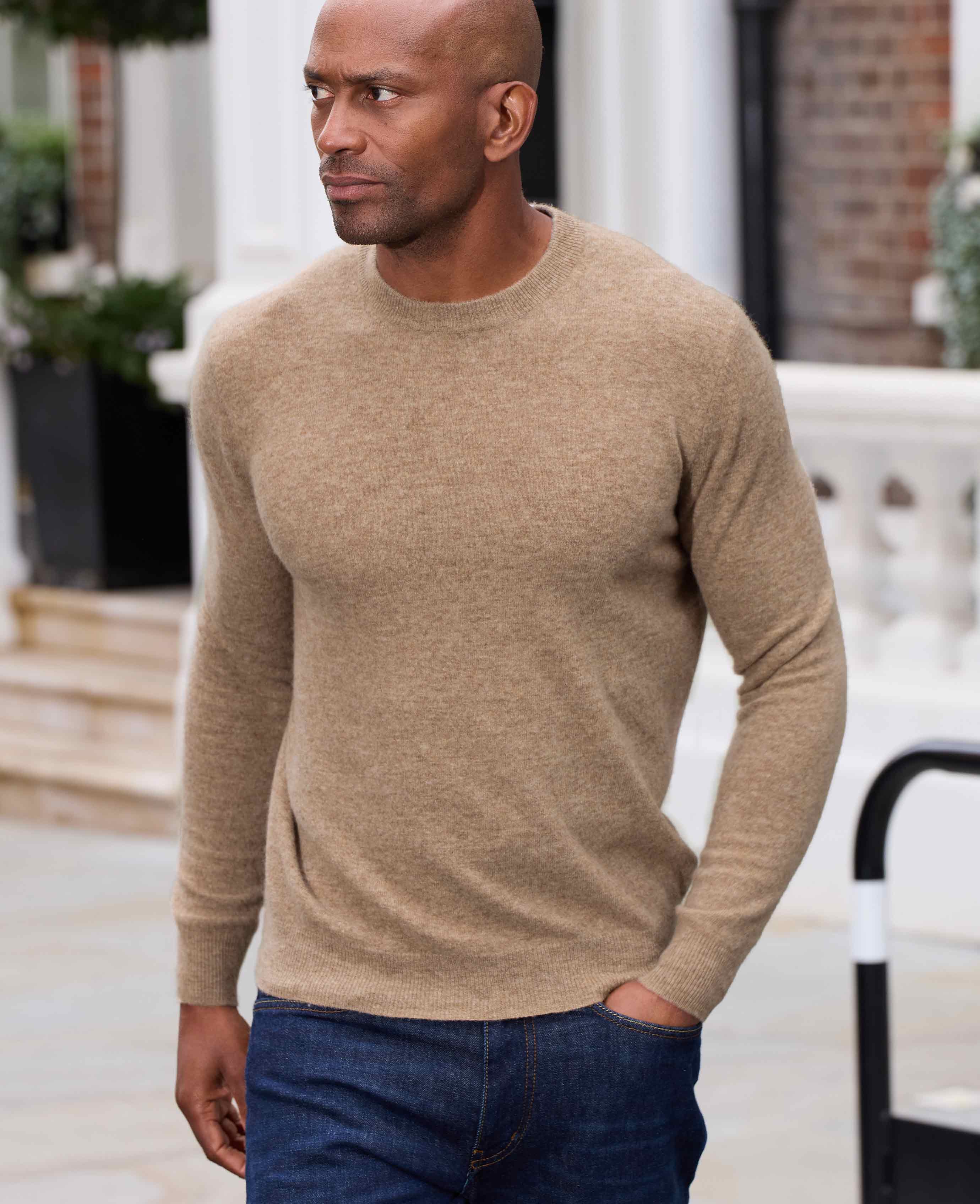 Men s Oatmeal Merino Wool Cashmere Crew Neck Jumper Savile Row US