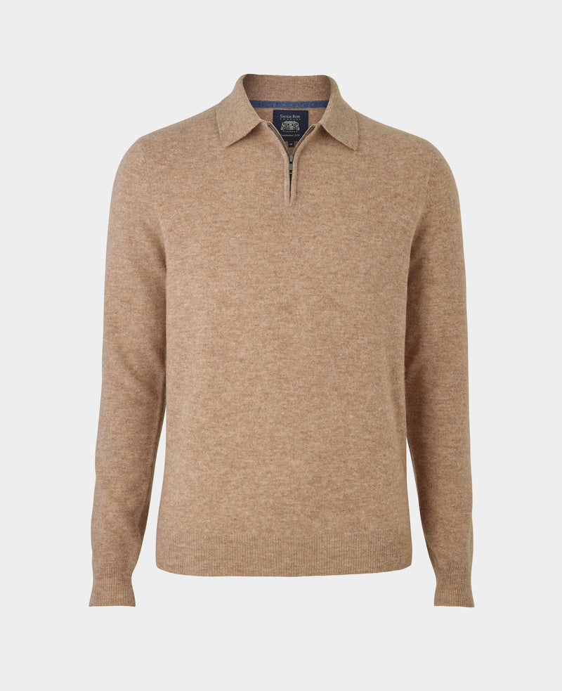 Oatmeal Merino Wool Cashmere Zip Neck Long Sleeve Polo Shirt