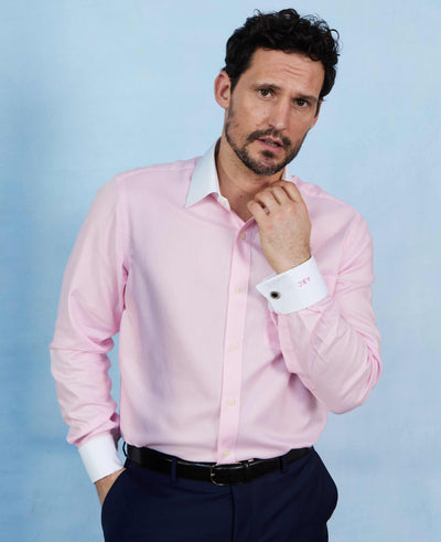 Pink Textured Cotton Puppytooth Classic Fit Winchester Dress Shirt - French Cuff