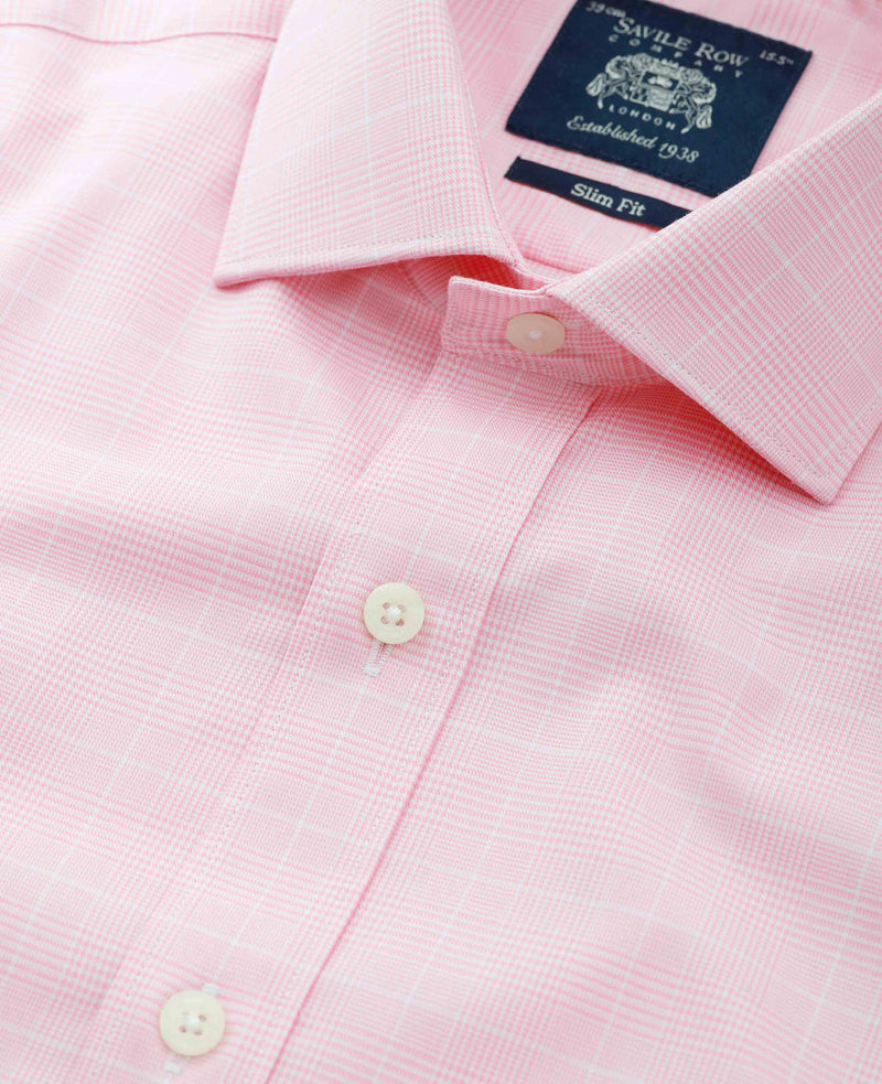 Pink White Cotton Prince of Wales Check Slim Fit Dress Shirt - Double Cuff