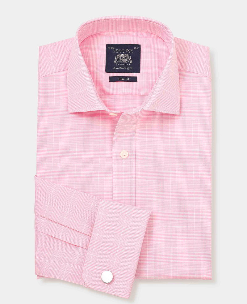 Pink White Cotton Prince of Wales Check Slim Fit Dress Shirt - Double Cuff
