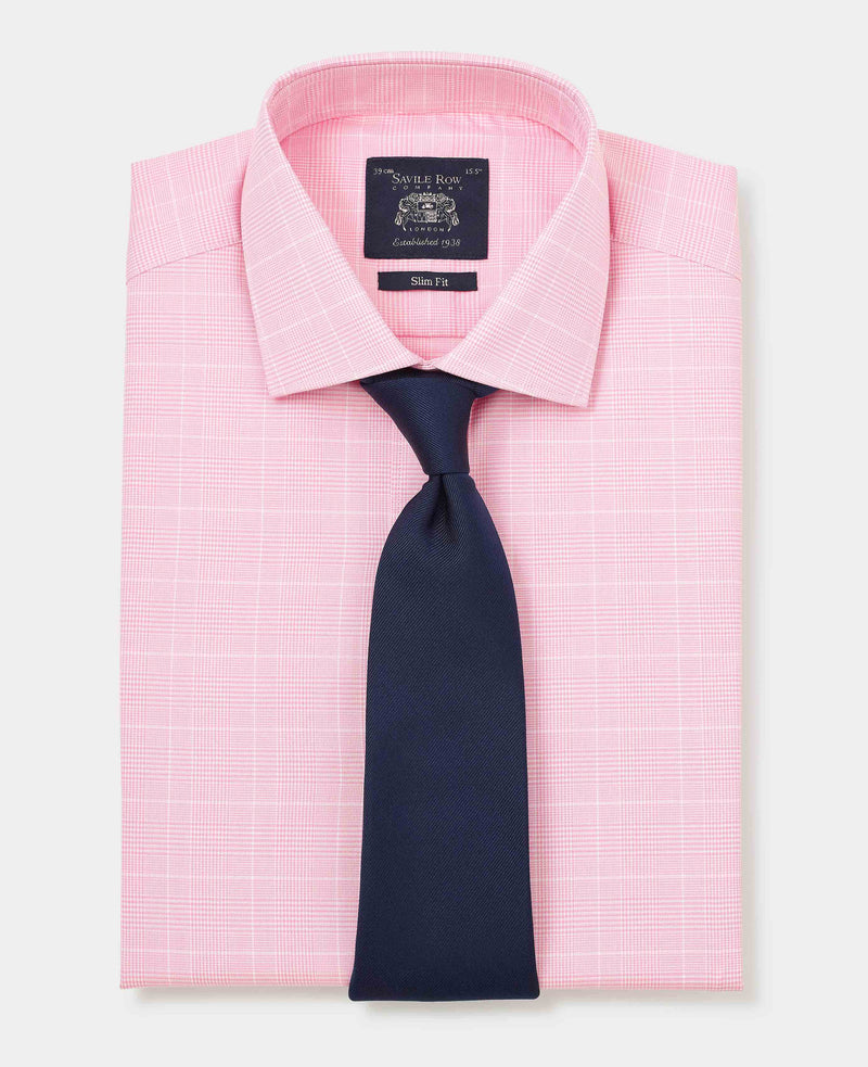 Pink White Cotton Prince of Wales Check Slim Fit Dress Shirt - Double Cuff