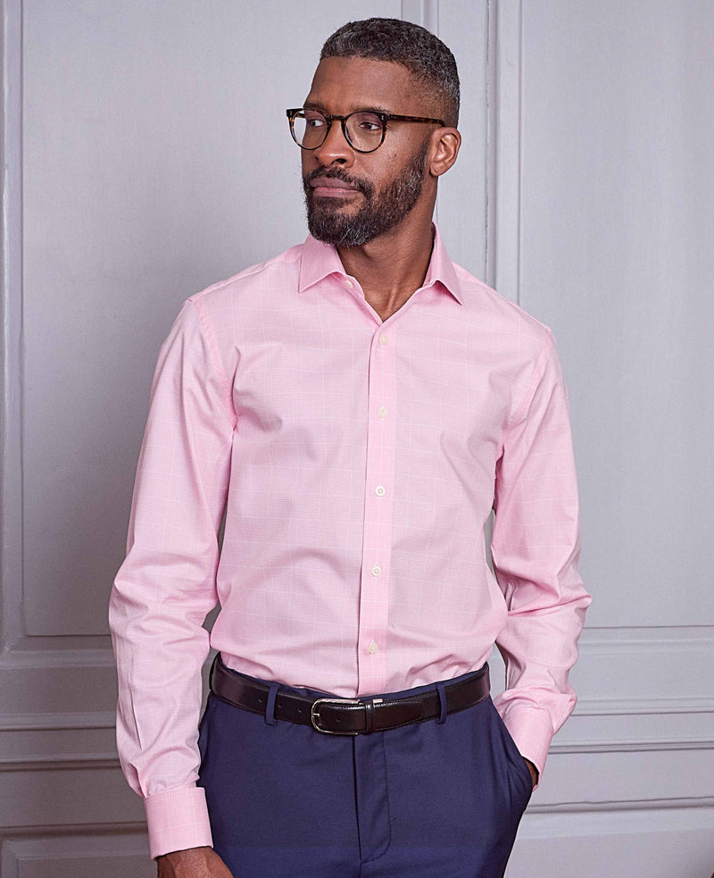 Pink White Cotton Prince of Wales Check Slim Fit Dress Shirt - Double Cuff