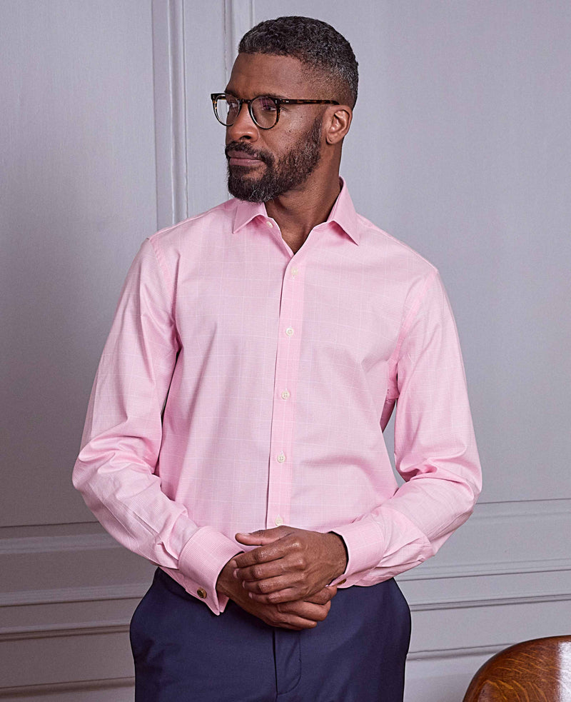 Pink White Cotton Prince of Wales Check Slim Fit Dress Shirt - Double Cuff