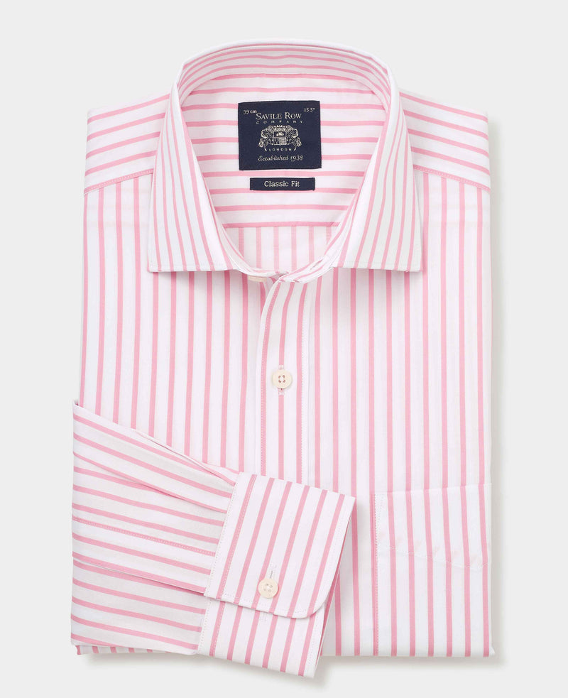 Pink White Stripe Cotton Slim Fit Dress Shirt - Single Cuff