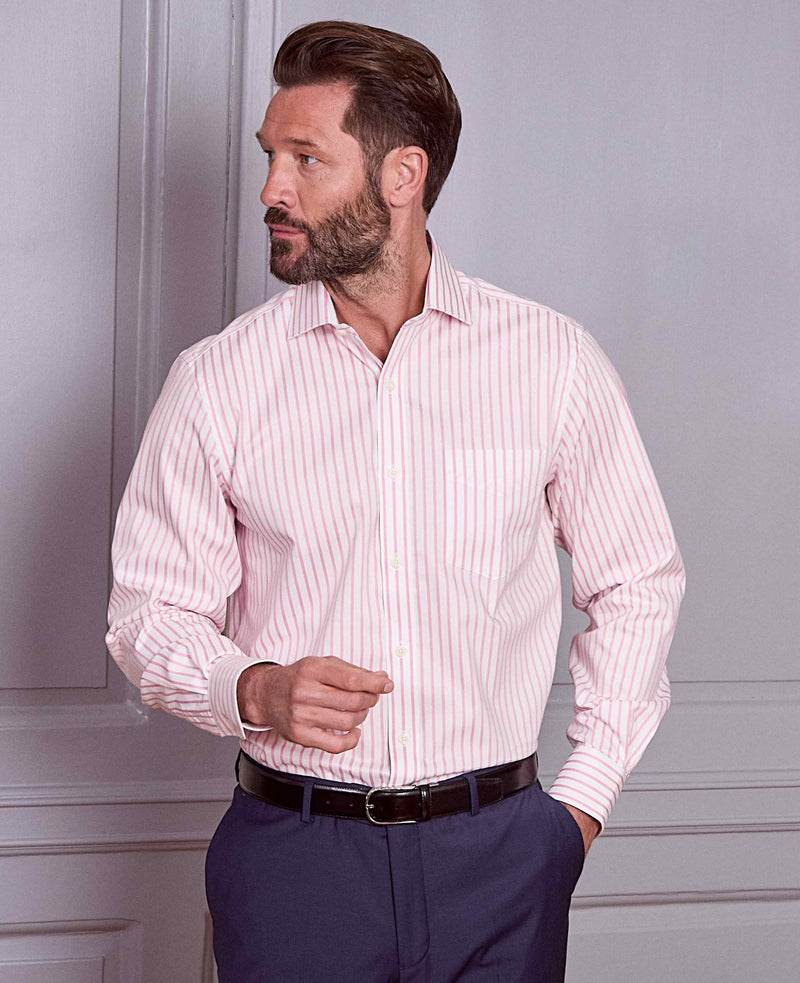 Pink White Stripe Cotton Slim Fit Dress Shirt - Single Cuff