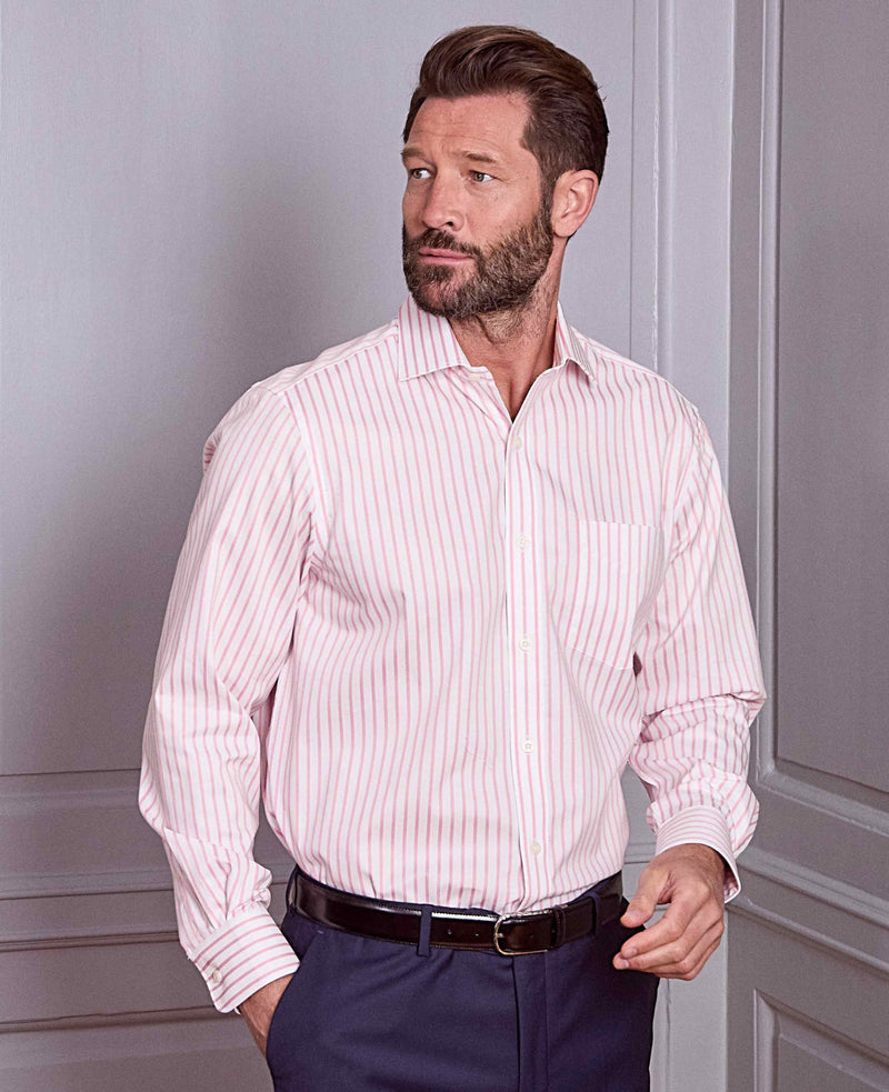 Pink White Stripe Cotton Slim Fit Dress Shirt - Single Cuff